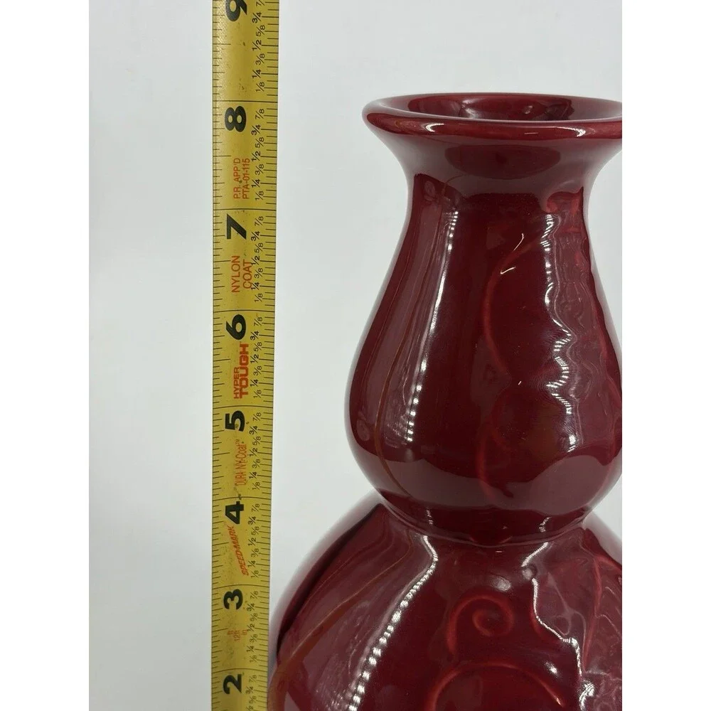 VTG Treasure Craft Ceramic Vase Red Maroon Glaze Floral Hibiscus